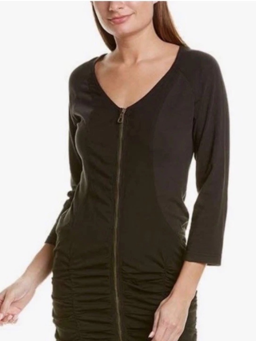 XCVI Black Full Zip Ruched Above Knee Dress Large Cotton Stretch 3/4 Sleeves
